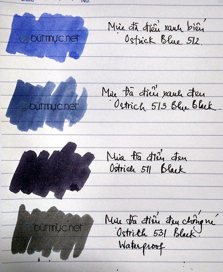 Bảng màu mực Đà điểu xanh, đen, chống nước 511, 512, 513, 531
